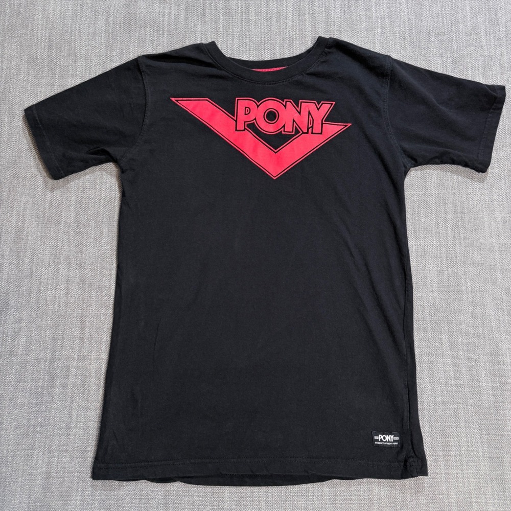 PONY Mens Boys XL Black Red Chevron Logo Graphic T-Shirt Short Sleeve Cotton Tee